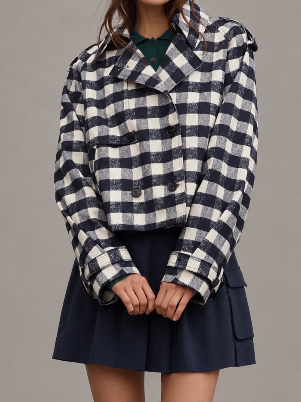Maeve Anthropologie Women’s M Crop Trench Coat Navy White Gingham Check